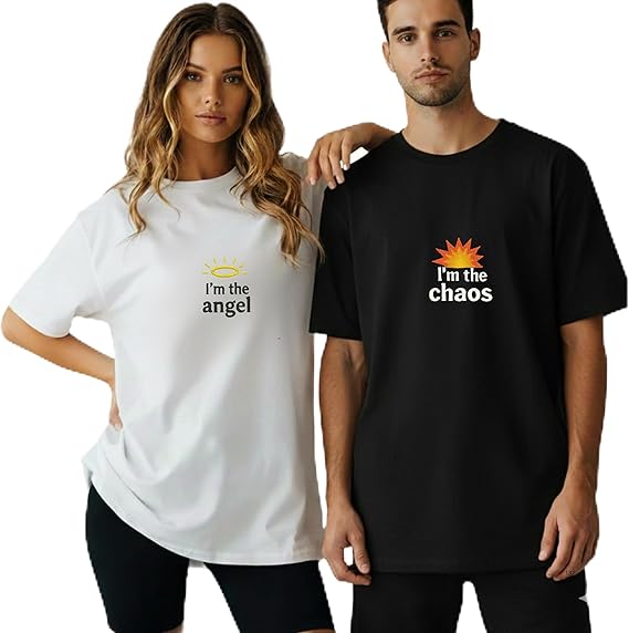 I'm The Angel and Chaos Matching Shirts for Couples, Couples Shirts for Him and Her Set, Funny Couple Clothes Black