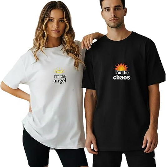 I'm The Angel and Chaos Matching Shirts for Couples, Couples Shirts for Him and Her Set, Funny Couple Clothes Black