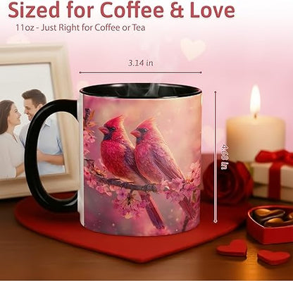 Farmhouse Spring Floral Red Cardinal Bird Couple Ceramic Mug 11oz with Romantic Cardinal Pair on Pink Cherry Blossom Branch, Nature Wildlife Art Coffee Cup, Gift for Couples and Bird Lovers