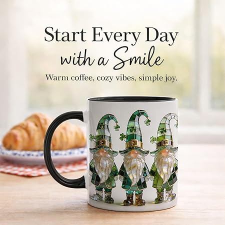 St Patrick's Day Gnome Coffee Mug with Shamrock, Irish Leprechaun Gnomes Ceramic Cup, Green Lucky Holiday Design, Luxury Stained Glass Style Gift for Men Women Friends Coworkers