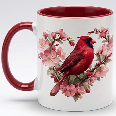 Red Cardinal Ceramic Mug 11oz, Elegant Floral Bird Art Coffee Cup with Cherry Blossom Wreath Illustration, Vintage Inspired Nature Drinkware for Daily Use, Thoughtful Gift for Bird Lovers, Women