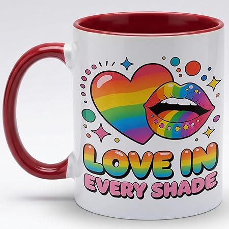 Rainbow Heart Lips Ceramic Mug, Love In Every Shade Coffee Cup, Colorful Pride Artwork Mug for Daily Home Office Use, Cute Graphic Drinkware, Gift for LGBTQ Friends Couples Sisters Brothers