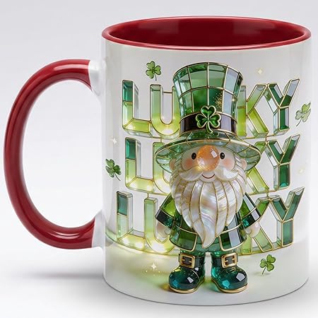 Lucky Lucky Lucky Irish Gnome Ceramic Mug - Stained Glass Leprechaun Coffee Cup with Shamrock, Faux 3D Green Jewel Artwork Mug, Cute Lucky Gift for Home Office Friends