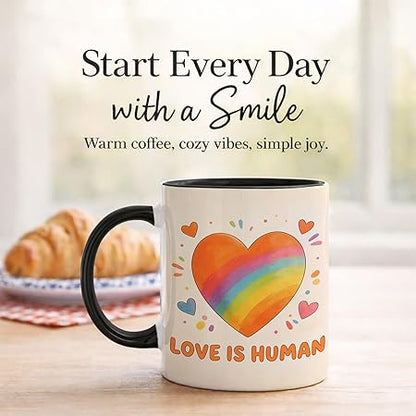 Watercolor Rainbow Heart Ceramic Mug, Love Is Human Coffee Cup, Soft Inclusive Graphic Mug for Daily Home Office Use, Cute Positive Drinkware Gift for Friends Couples Family