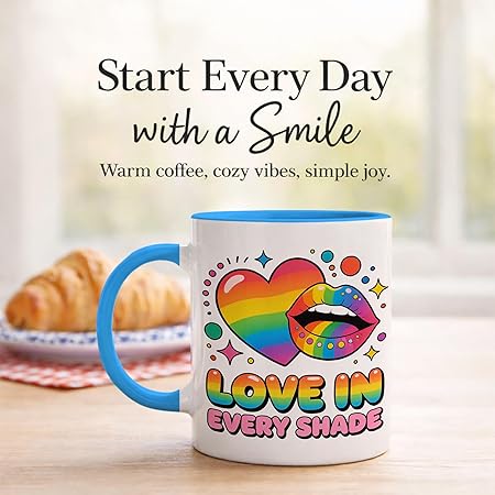 Rainbow Heart Lips Ceramic Mug, Love In Every Shade Coffee Cup, Colorful Pride Artwork Mug for Daily Home Office Use, Cute Graphic Drinkware, Gift for LGBTQ Friends Couples Sisters Brothers