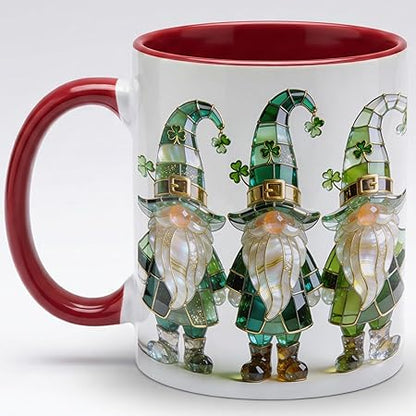 St Patrick's Day Gnome Coffee Mug with Shamrock, Irish Leprechaun Gnomes Ceramic Cup, Green Lucky Holiday Design, Luxury Stained Glass Style Gift for Men Women Friends Coworkers