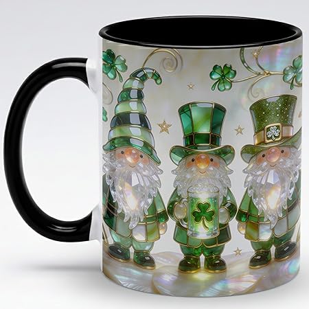 Stained Glass Leprechaun Gnome Ceramic Mug - Shamrock Beer Irish Art Coffee Cup, Faux 3D Jewel Tone Design Mug, St Patrick's Day Lucky Gift for Mom Dad Friends Family Home Office Décor