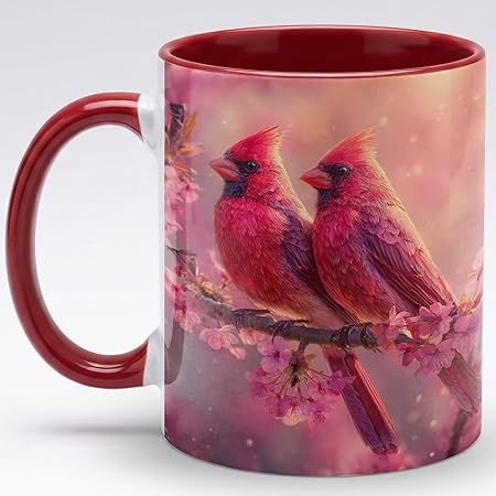 Farmhouse Spring Floral Red Cardinal Bird Couple Ceramic Mug 11oz with Romantic Cardinal Pair on Pink Cherry Blossom Branch, Nature Wildlife Art Coffee Cup, Gift for Couples and Bird Lovers