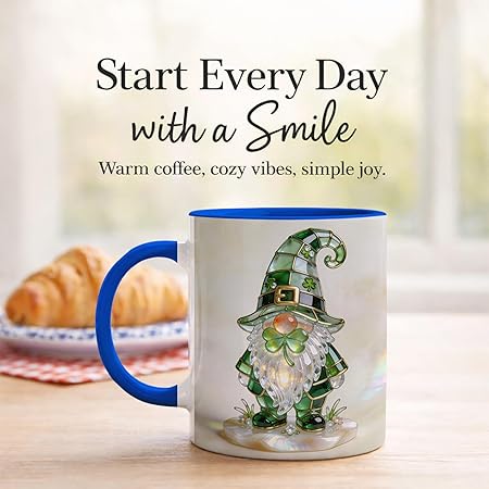 Stained Glass Leprechaun Gnome Ceramic Mug - Shamrock Irish Art Coffee Cup, Faux 3D Jewel Tone Design Mug, St Patrick's Day Lucky Gift for Mom Dad Friends Family Home Office Décor