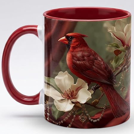 Luxury Red Cardinal Bird Floral Art Ceramic Mug 11oz, Elegant Cardinal Perched with Ivory Blossom and Vintage Jewelry Accents, Sophisticated Nature Coffee Cup, Refined Gift for Bird Lovers
