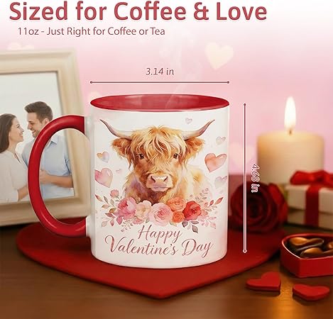 Highland Cow Happy Valentine's Day Floral Ceramic Mug, Romantic Farm Animal Watercolor Coffee Cup, Valentine Gift Mug, Soft Flower Art Design, Cow Mug for Girlfriend, Wife, Couples