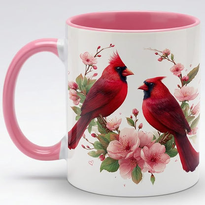 Farmhouse Spring Floral Red Cardinal Bird Couple Ceramic Mug 11oz with Romantic Cardinal Pair and Pink Blossom Illustration, Nature Wildlife Art Coffee Cup, Gift for Couples and Bird Lovers