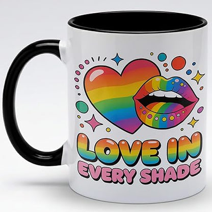 Rainbow Heart Lips Ceramic Mug, Love In Every Shade Coffee Cup, Colorful Pride Artwork Mug for Daily Home Office Use, Cute Graphic Drinkware, Gift for LGBTQ Friends Couples Sisters Brothers