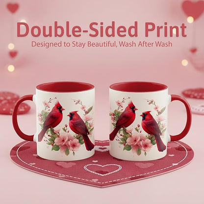 Farmhouse Spring Floral Red Cardinal Bird Couple Ceramic Mug 11oz with Romantic Cardinal Pair and Pink Blossom Illustration, Nature Wildlife Art Coffee Cup, Gift for Couples and Bird Lovers