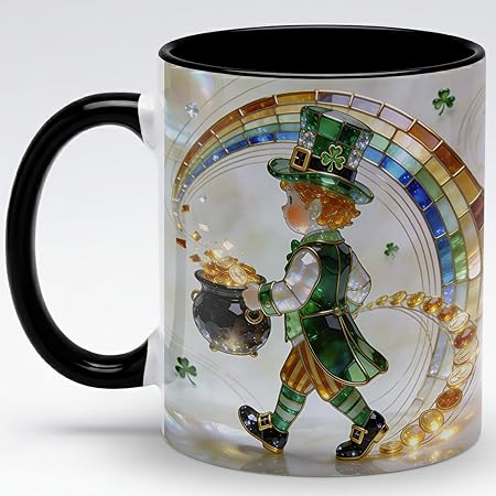 Stained Glass Leprechaun Ceramic Mug - Rainbow Shamrock Irish Art Coffee Cup, Faux 3D Jewel Tone Design Mug, St Patrick's Day Lucky Gift for Mom Dad Friends Family Home Office
