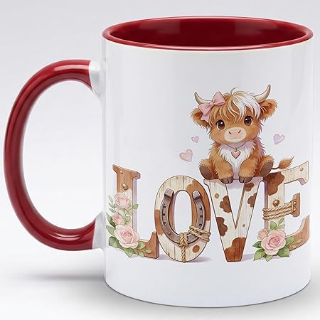 LOVE Rustic Cow Ceramic Mug, Cute Baby Highland Cow Coffee Cup, Romantic Valentine Gift Mug, Farmhouse Western Love Art, Heart Theme Mug for Couples, Girlfriend, Wife