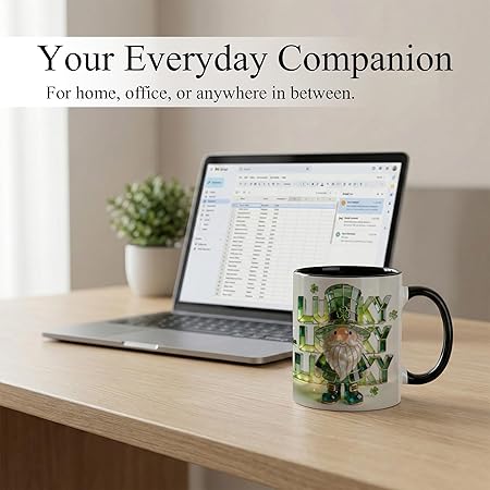 Lucky Lucky Lucky Irish Gnome Ceramic Mug - Stained Glass Leprechaun Coffee Cup with Shamrock, Faux 3D Green Jewel Artwork Mug, Cute Lucky Gift for Home Office Friends