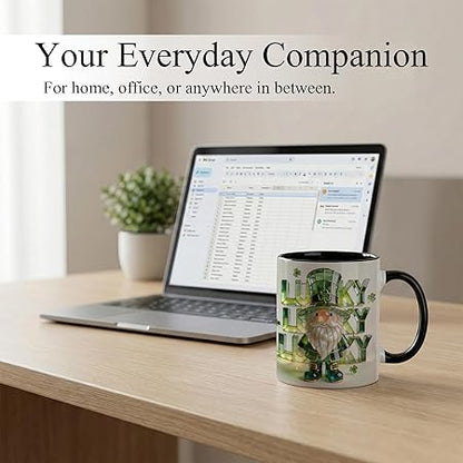 Lucky Lucky Lucky Irish Gnome Ceramic Mug - Stained Glass Leprechaun Coffee Cup with Shamrock, Faux 3D Green Jewel Artwork Mug, Cute Lucky Gift for Home Office Friends