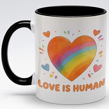 Watercolor Rainbow Heart Ceramic Mug, Love Is Human Coffee Cup, Soft Inclusive Graphic Mug for Daily Home Office Use, Cute Positive Drinkware Gift for Friends Couples Family