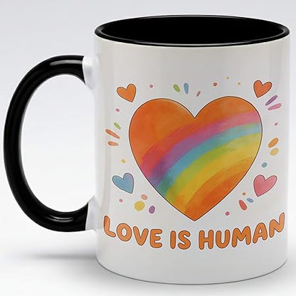 Watercolor Rainbow Heart Ceramic Mug, Love Is Human Coffee Cup, Soft Inclusive Graphic Mug for Daily Home Office Use, Cute Positive Drinkware Gift for Friends Couples Family
