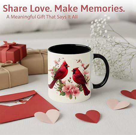 Farmhouse Spring Floral Red Cardinal Bird Couple Ceramic Mug 11oz with Romantic Cardinal Pair and Pink Blossom Illustration, Nature Wildlife Art Coffee Cup, Gift for Couples and Bird Lovers