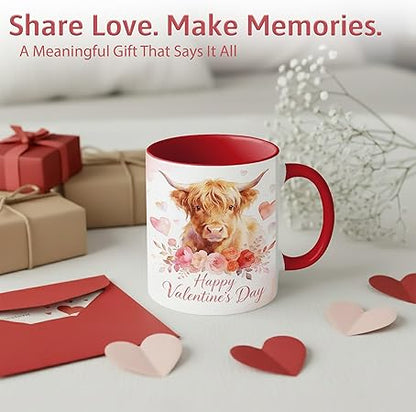 Highland Cow Happy Valentine's Day Floral Ceramic Mug, Romantic Farm Animal Watercolor Coffee Cup, Valentine Gift Mug, Soft Flower Art Design, Cow Mug for Girlfriend, Wife, Couples