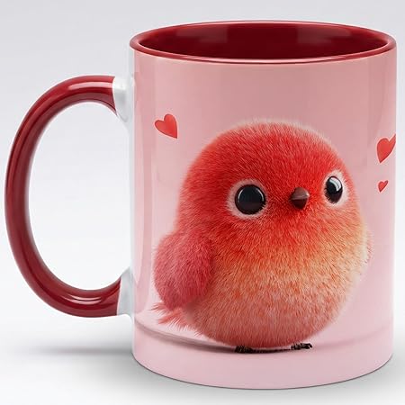 Cute Plush Baby Bird Ceramic Mug 11oz, Adorable Red Chick Illustration Coffee Cup with Soft Pink Background, Cozy Drinkware for Daily Use, Sweet Decorative Mug, Heartwarming Gift for Kids