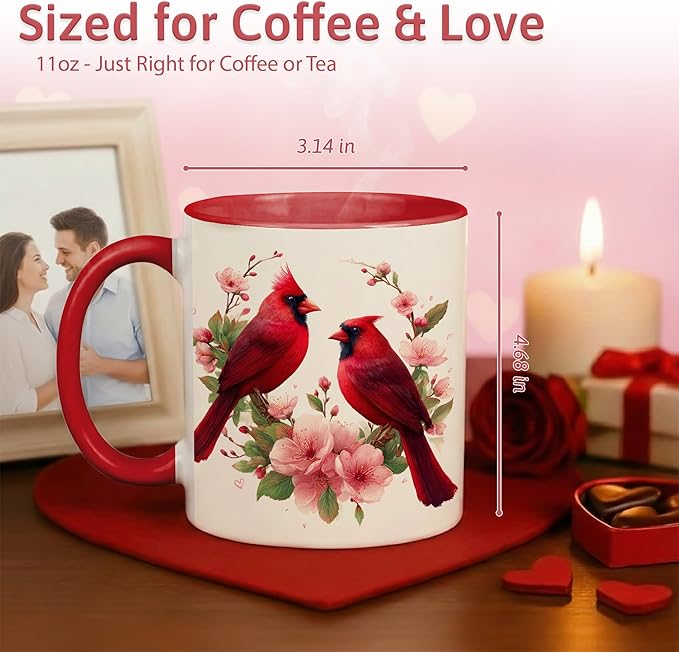 Farmhouse Spring Floral Red Cardinal Bird Couple Ceramic Mug 11oz with Romantic Cardinal Pair and Pink Blossom Illustration, Nature Wildlife Art Coffee Cup, Gift for Couples and Bird Lovers