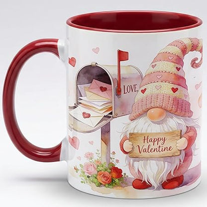 Valentine Gnome Ceramic Mug with Love Letters Mailbox Scene, Whimsical Coffee Cup Showing Romantic Mail Delivery Artwork, Cute Valentine Gift Mug for Her, Him, Wife, Husband or Couples