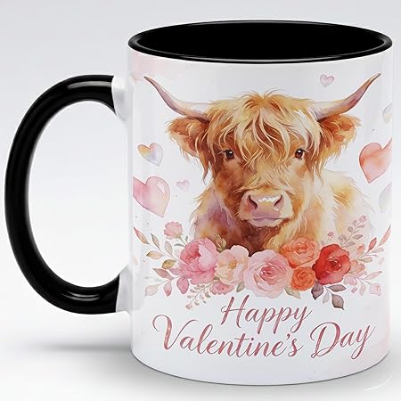 Highland Cow Happy Valentine's Day Floral Ceramic Mug, Romantic Farm Animal Watercolor Coffee Cup, Valentine Gift Mug, Soft Flower Art Design, Cow Mug for Girlfriend, Wife, Couples