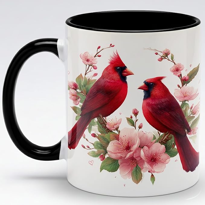 Farmhouse Spring Floral Red Cardinal Bird Couple Ceramic Mug 11oz with Romantic Cardinal Pair and Pink Blossom Illustration, Nature Wildlife Art Coffee Cup, Gift for Couples and Bird Lovers