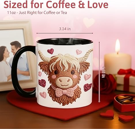 Cute Highland Cow Valentine Embroidery Design Ceramic Mug, Kawaii Plush Farm Animal Coffee Cup, Romantic Valentine Gift Mug, Soft Yarn Art Style, Cow Mug for Couples, Girlfriend, Wife