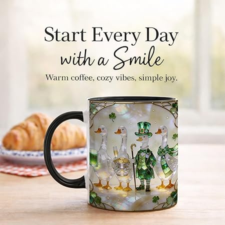 Stained Glass Irish Goose Leprechaun Ceramic Mug - Shamrock Beer Pot of Gold Art Coffee Cup, Faux 3D Jewel Tone Design Mug, St Patrick's Day Lucky Gift for Mom Dad Friends Family Home Office Dec