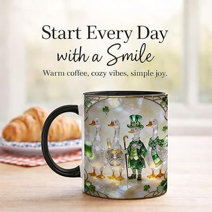 Stained Glass Irish Goose Leprechaun Ceramic Mug - Shamrock Beer Pot of Gold Art Coffee Cup, Faux 3D Jewel Tone Design Mug, St Patrick's Day Lucky Gift for Mom Dad Friends Family Home Office Dec