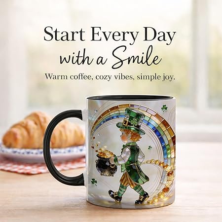 Stained Glass Leprechaun Ceramic Mug - Rainbow Shamrock Irish Art Coffee Cup, Faux 3D Jewel Tone Design Mug, St Patrick's Day Lucky Gift for Mom Dad Friends Family Home Office