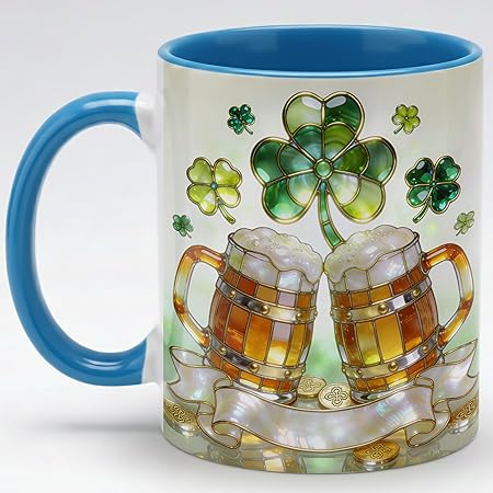 St Patrick's Day Shamrock Beer Mug Artwork Ceramic Coffee Cup, Irish Lucky Clover Design, Green Holiday Stained Glass Style Mug, Festive Gift for Men Women Friends Coworkers