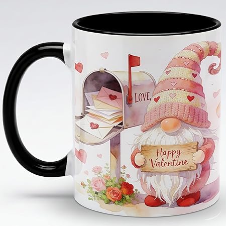 Valentine Gnome Ceramic Mug with Love Letters Mailbox Scene, Whimsical Coffee Cup Showing Romantic Mail Delivery Artwork, Cute Valentine Gift Mug for Her, Him, Wife, Husband or Couples