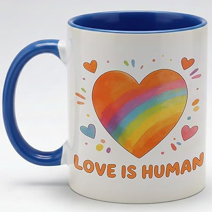 Watercolor Rainbow Heart Ceramic Mug, Love Is Human Coffee Cup, Soft Inclusive Graphic Mug for Daily Home Office Use, Cute Positive Drinkware Gift for Friends Couples Family