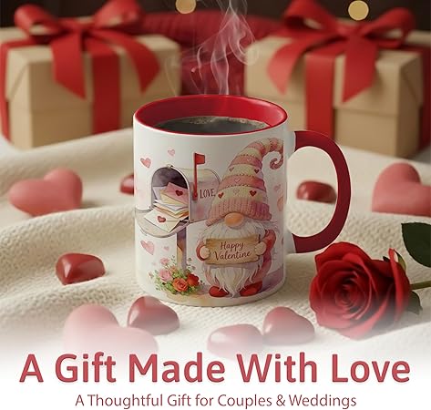 Valentine Gnome Ceramic Mug with Love Letters Mailbox Scene, Whimsical Coffee Cup Showing Romantic Mail Delivery Artwork, Cute Valentine Gift Mug for Her, Him, Wife, Husband or Couples