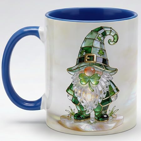 Stained Glass Leprechaun Gnome Ceramic Mug - Shamrock Irish Art Coffee Cup, Faux 3D Jewel Tone Design Mug, St Patrick's Day Lucky Gift for Mom Dad Friends Family Home Office Décor