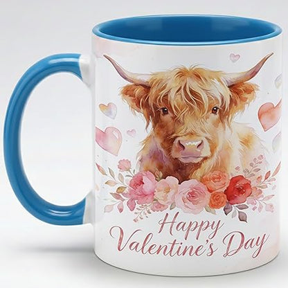 Highland Cow Happy Valentine's Day Floral Ceramic Mug, Romantic Farm Animal Watercolor Coffee Cup, Valentine Gift Mug, Soft Flower Art Design, Cow Mug for Girlfriend, Wife, Couples