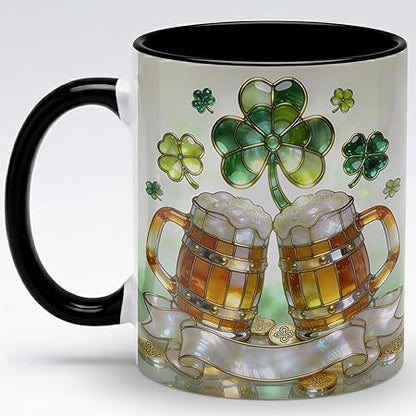 St Patrick's Day Shamrock Beer Mug Artwork Ceramic Coffee Cup, Irish Lucky Clover Design, Green Holiday Stained Glass Style Mug, Festive Gift for Men Women Friends Coworkers