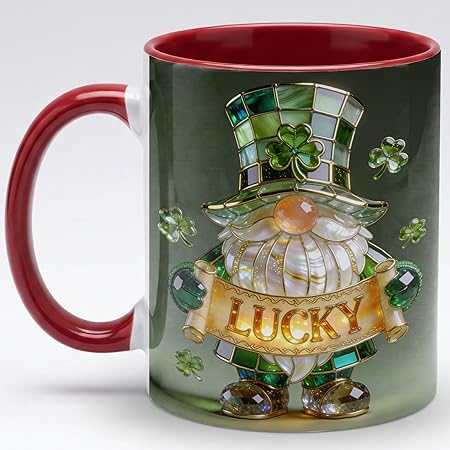 Lucky Gnome Ceramic Mug - Shamrock Top Hat Gnome Coffee Cup with Faux Stained Glass Emerald Artwork, “Luckyâ€ Banner Design, Whimsical Clover Gift for Friends, Cozy Home Office Décor