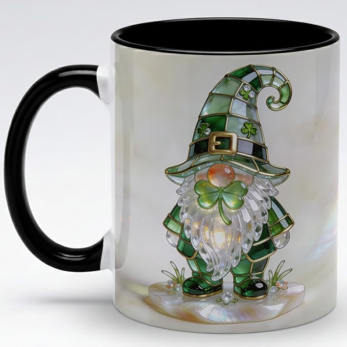 Stained Glass Leprechaun Gnome Ceramic Mug - Shamrock Irish Art Coffee Cup, Faux 3D Jewel Tone Design Mug, St Patrick's Day Lucky Gift for Mom Dad Friends Family Home Office Décor