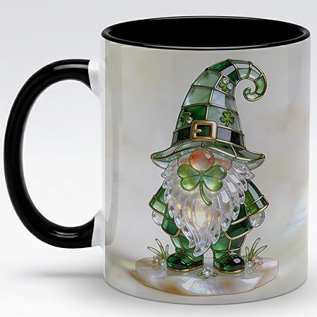 Stained Glass Leprechaun Gnome Ceramic Mug - Shamrock Irish Art Coffee Cup, Faux 3D Jewel Tone Design Mug, St Patrick's Day Lucky Gift for Mom Dad Friends Family Home Office Decor