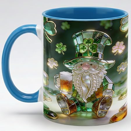 Luxury Stained Glass Gnome Ceramic Mug, Green Shamrock Jewel Tone Art Coffee Cup, Cute Irish Beer Gnome Gift Mug, Botanical Window Design, Meaningful Present for Gnome Lovers, Friends, Her