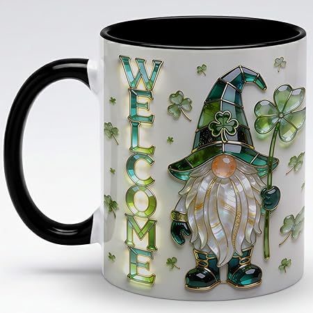 Welcome St. Patrick's Day Gnome Shamrock Ceramic Coffee Mug, Irish Lucky Clover Stained Glass Style Design, Festive Green Holiday Gift for Men Women Friends Coworkers