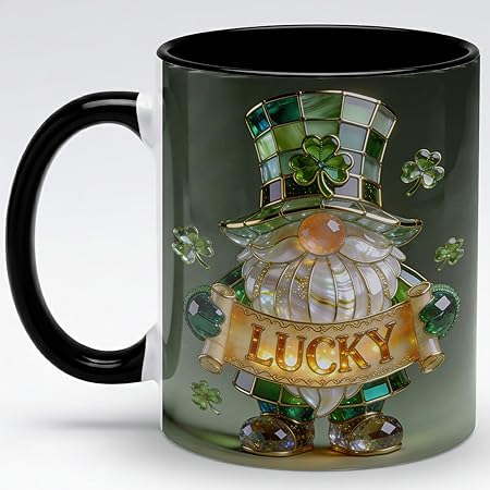 Lucky Gnome Ceramic Mug - Shamrock Top Hat Gnome Coffee Cup with Faux Stained Glass Emerald Artwork, “Luckyâ€ Banner Design, Whimsical Clover Gift for Friends, Cozy Home Office Décor