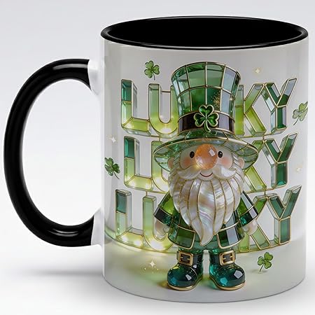 Lucky Lucky Lucky Irish Gnome Ceramic Mug - Stained Glass Leprechaun Coffee Cup with Shamrock, Faux 3D Green Jewel Artwork Mug, Cute Lucky Gift for Home Office Friends
