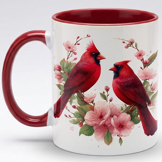 Farmhouse Spring Floral Red Cardinal Bird Couple Ceramic Mug 11oz with Romantic Cardinal Pair and Pink Blossom Illustration, Nature Wildlife Art Coffee Cup, Gift for Couples and Bird Lovers